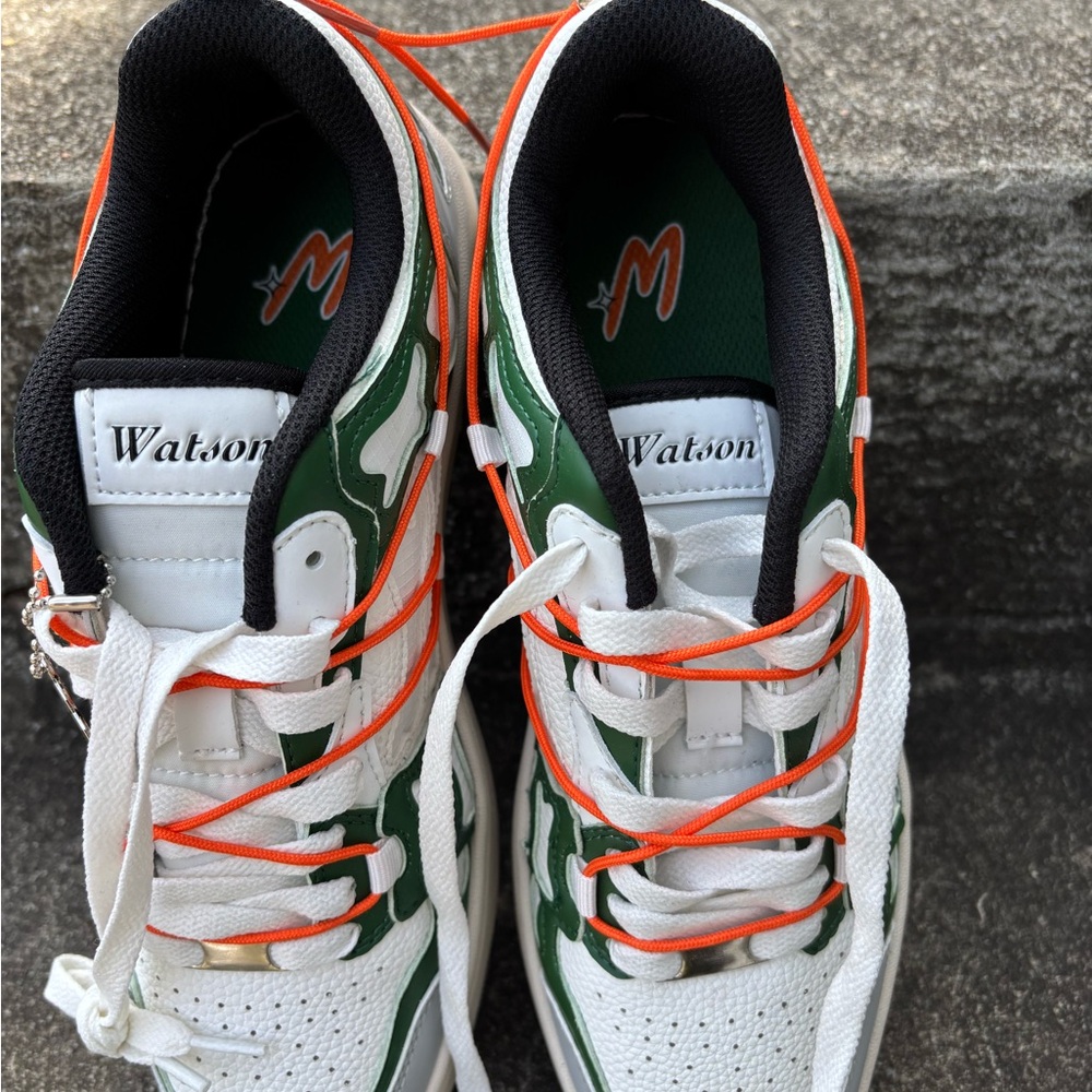 Watson White and Green Sneakers with Orange Laces